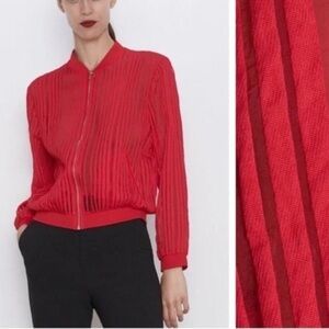 ZARA RED STRIPED ORGANZA BOMBER JACKET SIZE XS